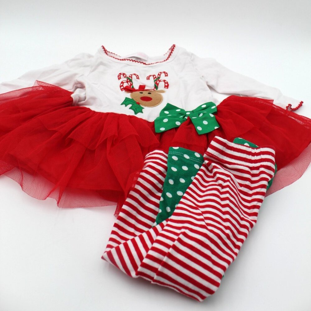 Bonnie Baby Christmas Reindeer Tutu Dress & Striped Polka Dot Legging Outfit 18M